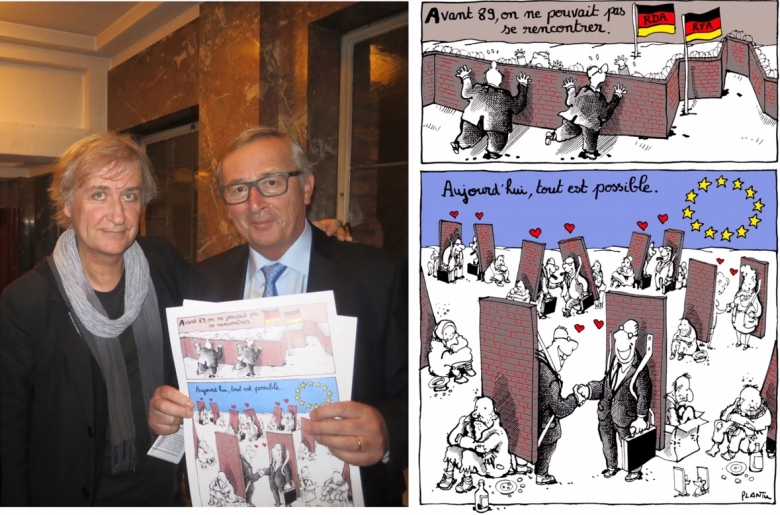 Plantu and Jean-Claude Juncker, President of the European Commission, holding the cartoon ‘Europe: Today everything is possible’, 18 November 2015, Brussels. Photo: Courtesy of Plantu