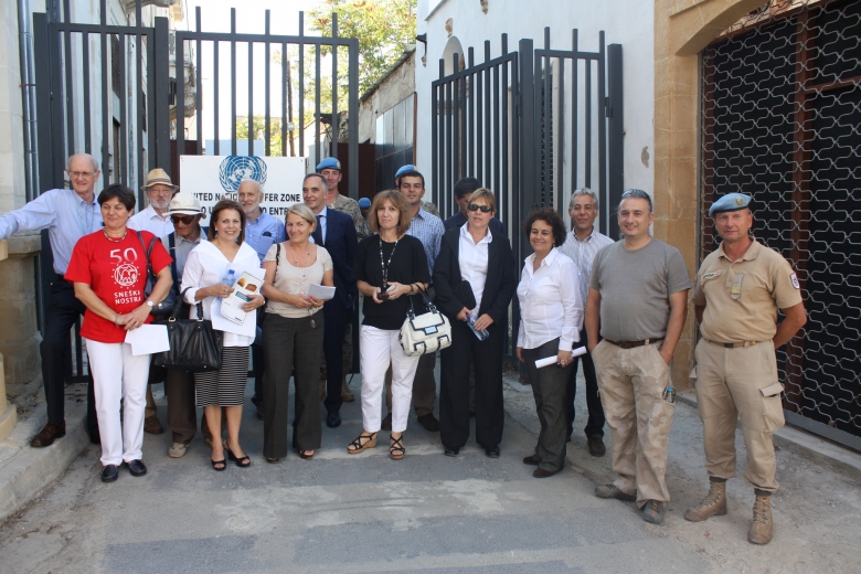 Representatives from European institutions and delegates from the Greek Cypriot and Turkish Cypriot communities entering the Nicosia buffer zone from the Ledras-Lokmaci crossing. Photo: Courtesy of municipality of Nicosia